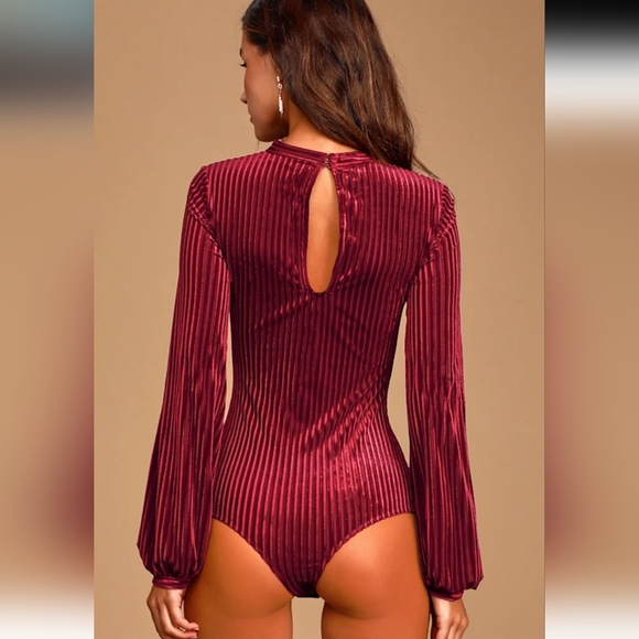Lulus Always Alluring Burgundy Striped Velvet Cutout Bustier Bodysuit - Picture 7 of 9
